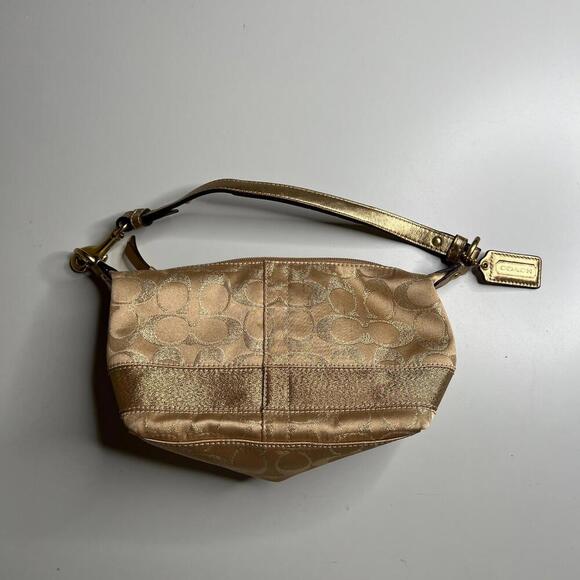 Coach Metallic Gold Signature Jacquard Small Hobo Shoulder Bag Red Lining F0969 - Picture 1 of 8